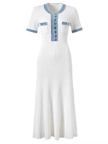 Elegant Wind Knitted Dress 2025 Summer New Denim Bumping Short-Sleeved Long Dress Dress Woman